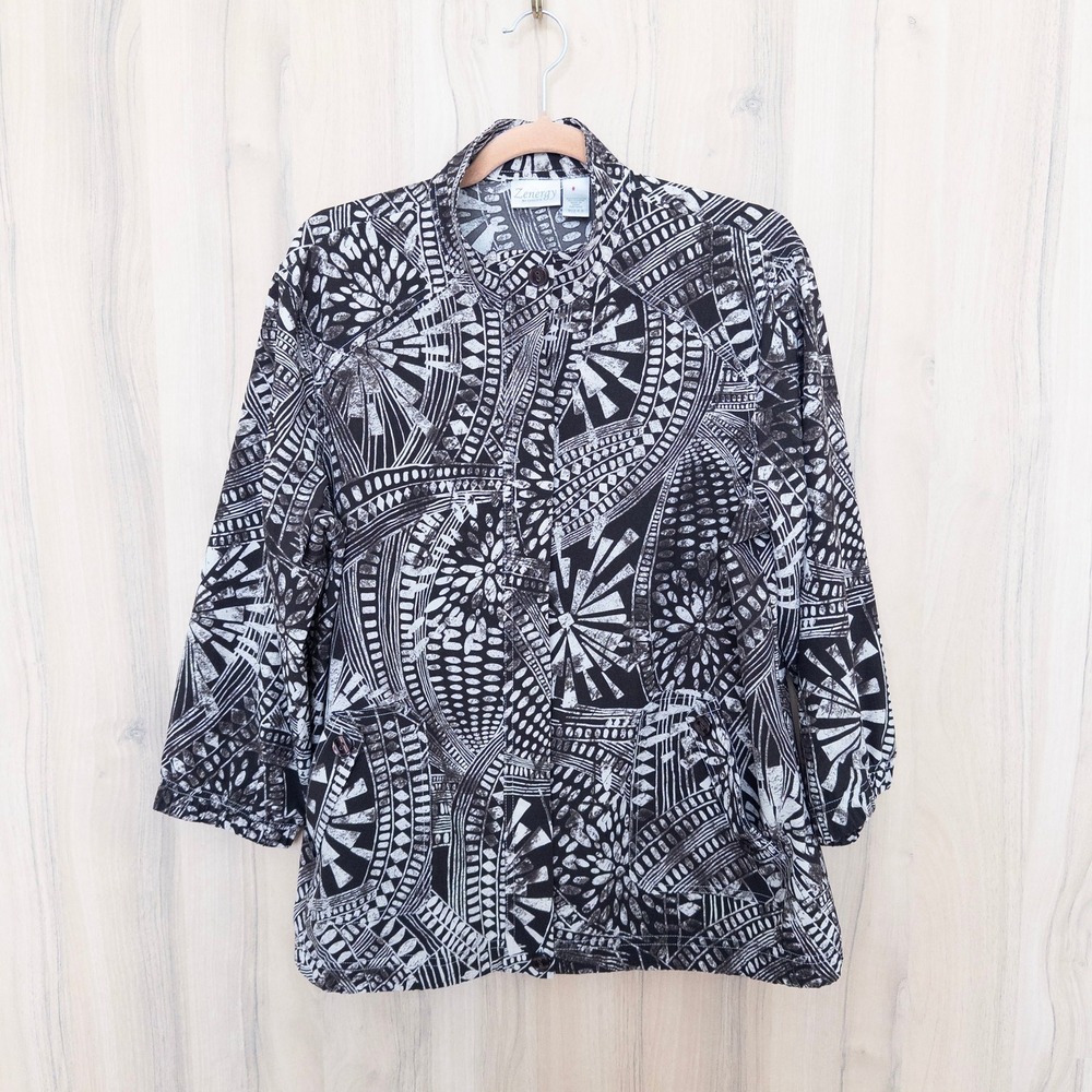 Zenergy by Chico's Women Jacket Size 2 Large Brown Geometric Tribal Print Travel